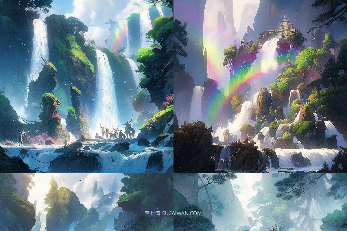 368组ai智能mj生成动漫背景电脑手机壁纸提示词咒语关键词+图片套装 368 Midjourney Prompts for Anime Backgrounds , sucaiwan.com