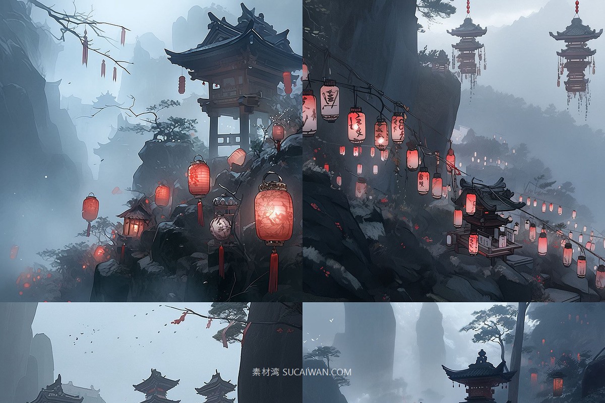 368组ai智能mj生成动漫背景电脑手机壁纸提示词咒语关键词+图片套装 368 Midjourney Prompts for Anime Backgrounds , sucaiwan.com