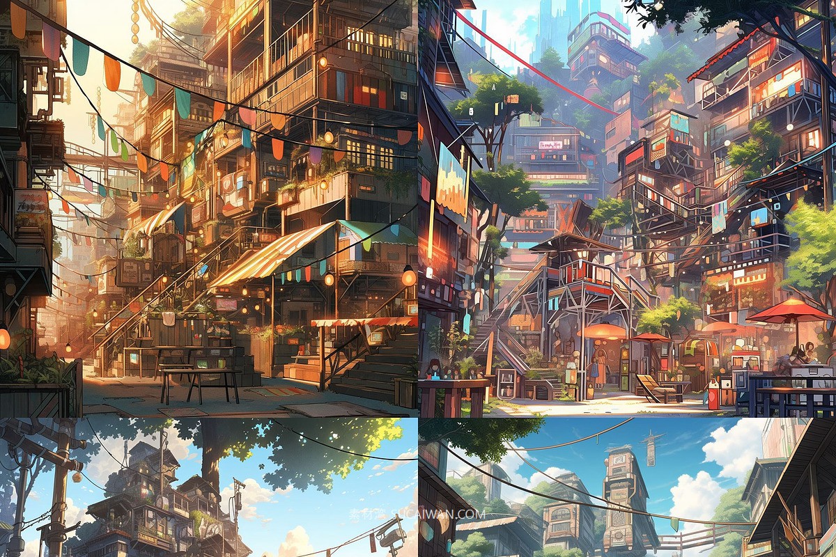 368组ai智能mj生成动漫背景电脑手机壁纸提示词咒语关键词+图片套装 368 Midjourney Prompts for Anime Backgrounds , sucaiwan.com