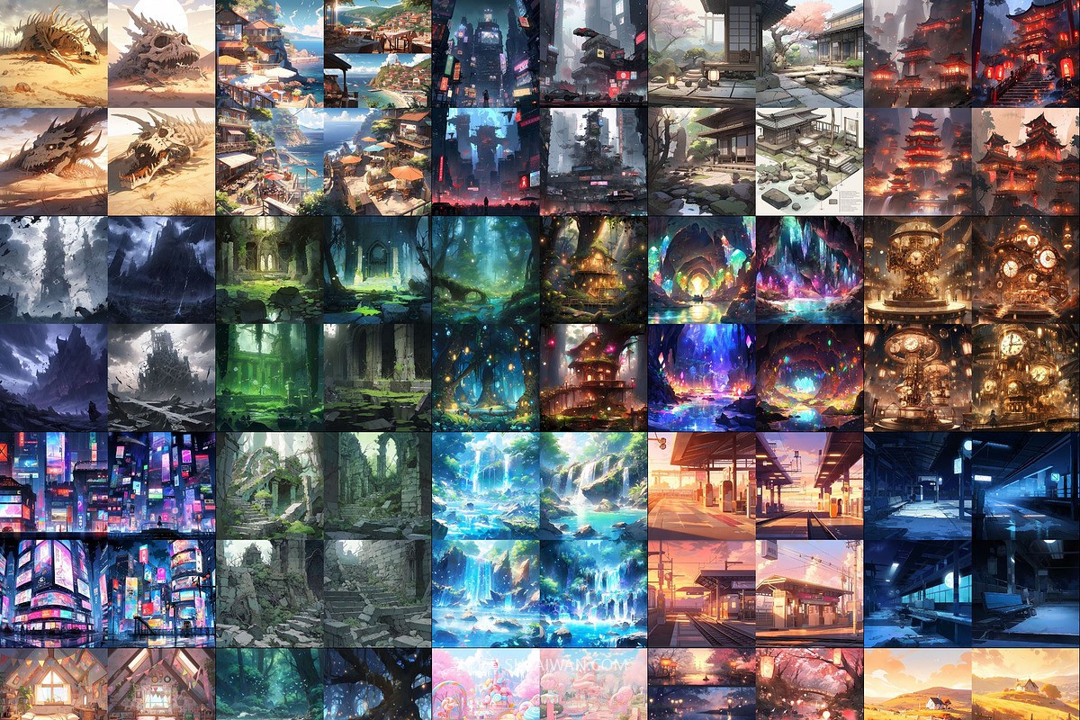 368组ai智能mj生成动漫背景电脑手机壁纸提示词咒语关键词+图片套装 368 Midjourney Prompts for Anime Backgrounds , sucaiwan.com