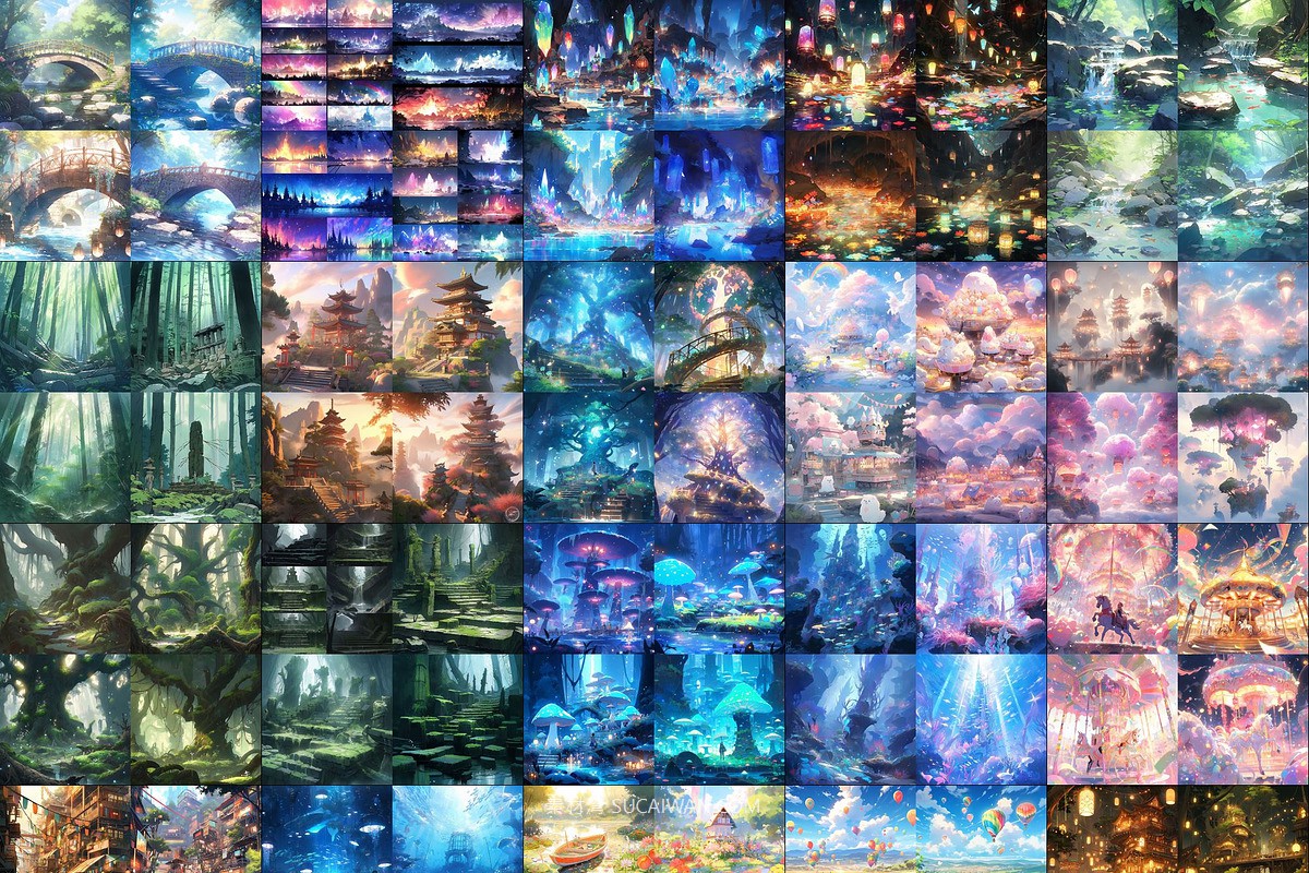 368组ai智能mj生成动漫背景电脑手机壁纸提示词咒语关键词+图片套装 368 Midjourney Prompts for Anime Backgrounds , sucaiwan.com