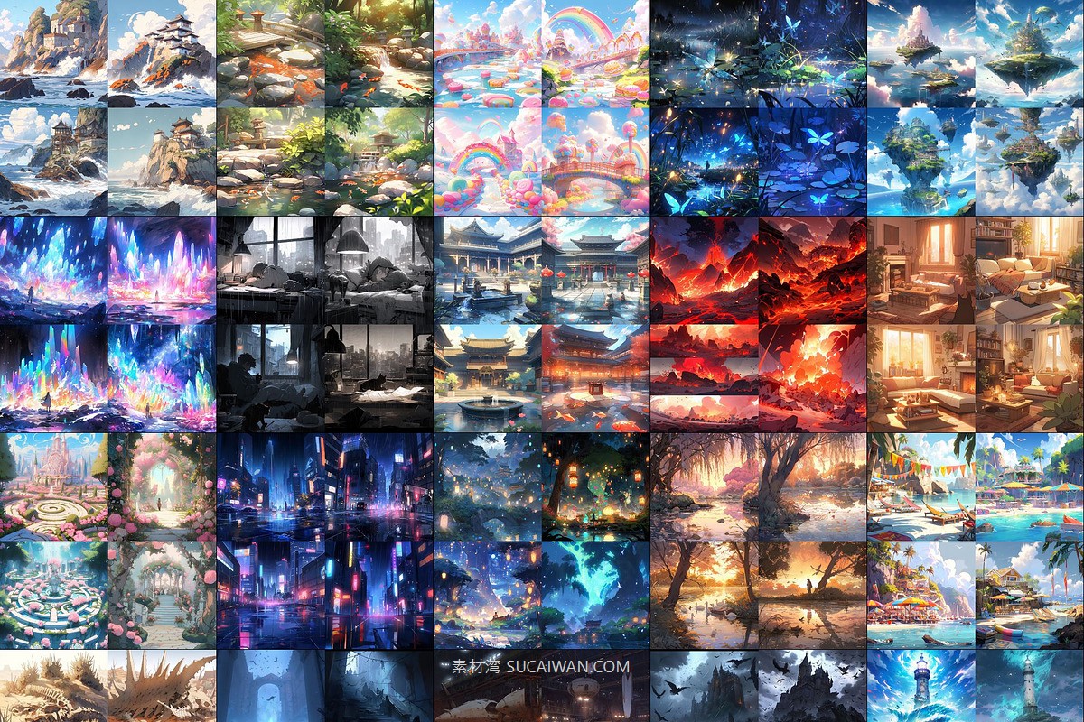 368组ai智能mj生成动漫背景电脑手机壁纸提示词咒语关键词+图片套装 368 Midjourney Prompts for Anime Backgrounds , sucaiwan.com