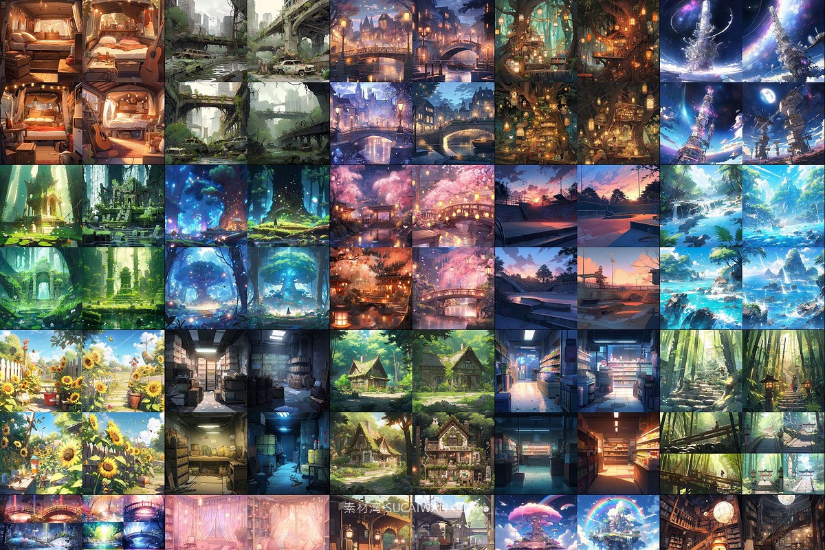 368组ai智能mj生成动漫背景电脑手机壁纸提示词咒语关键词+图片套装 368 Midjourney Prompts for Anime Backgrounds , sucaiwan.com