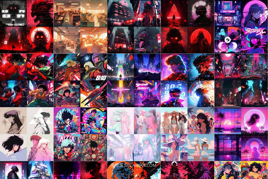 360组ai智能mj生成复古赛博朋克动漫电脑手机壁纸提示词咒语关键词+图片套装 360 Midjourney Prompts for Retro Anime: Vol 3 , sucaiwan.com