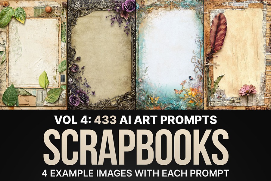 433组Ai智能Mj生成剪贴簿边框手机电脑壁纸提示词关键词咒语+背景图片 433 Ai Art Prompts for Scrapbooks Vol 4 , 第1张-素材湾丨精选海外优质设计素材资源 433组Ai智能Mj生成剪贴簿边框手机电脑壁纸提示词关键词咒语+背景图片 433 Ai Art Prompts for Scrapbooks Vol 4 , sucaiwan.com