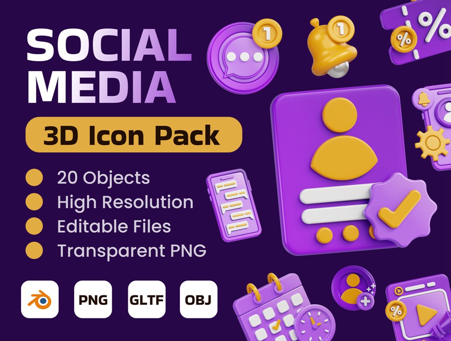 20款社交媒体app软件3d立体图标icon设计blender/obj/png格式素材 Social Media 3D Icon Pack , 第1张-素材湾丨精选海外优质设计素材资源 20款社交媒体app软件3d立体图标icon设计blender/obj/png格式素材 Social Media 3D Icon Pack , sucaiwan.com