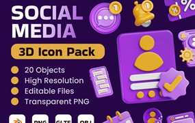 20款社交媒体app软件3d立体图标icon设计blender/obj/png格式素材 Social Media 3D Icon Pack