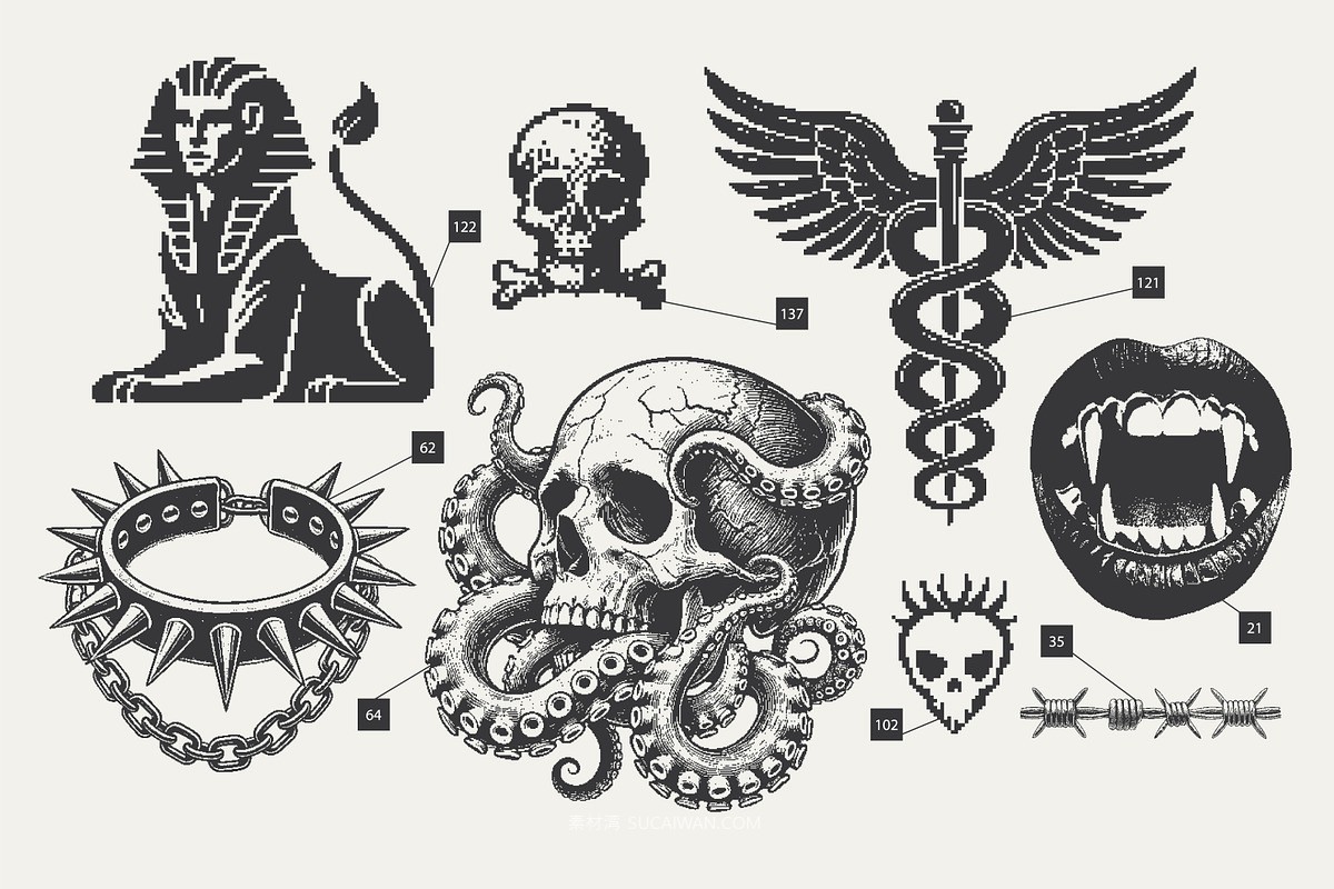 144款80年代复古暗黑恐怖神秘哥特像素艺术纹身插图插画ai矢量设计素材 144 MysticPixels Graphic Pack by Vanzyst , 第3张-素材湾丨精选海外优质设计素材资源 144款80年代复古暗黑恐怖神秘哥特像素艺术纹身插图插画ai矢量设计素材 144 MysticPixels Graphic Pack by Vanzyst , sucaiwan.com