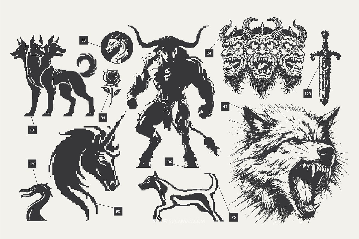 144款80年代复古暗黑恐怖神秘哥特像素艺术纹身插图插画ai矢量设计素材 144 MysticPixels Graphic Pack by Vanzyst , 第5张-素材湾丨精选海外优质设计素材资源 144款80年代复古暗黑恐怖神秘哥特像素艺术纹身插图插画ai矢量设计素材 144 MysticPixels Graphic Pack by Vanzyst , sucaiwan.com