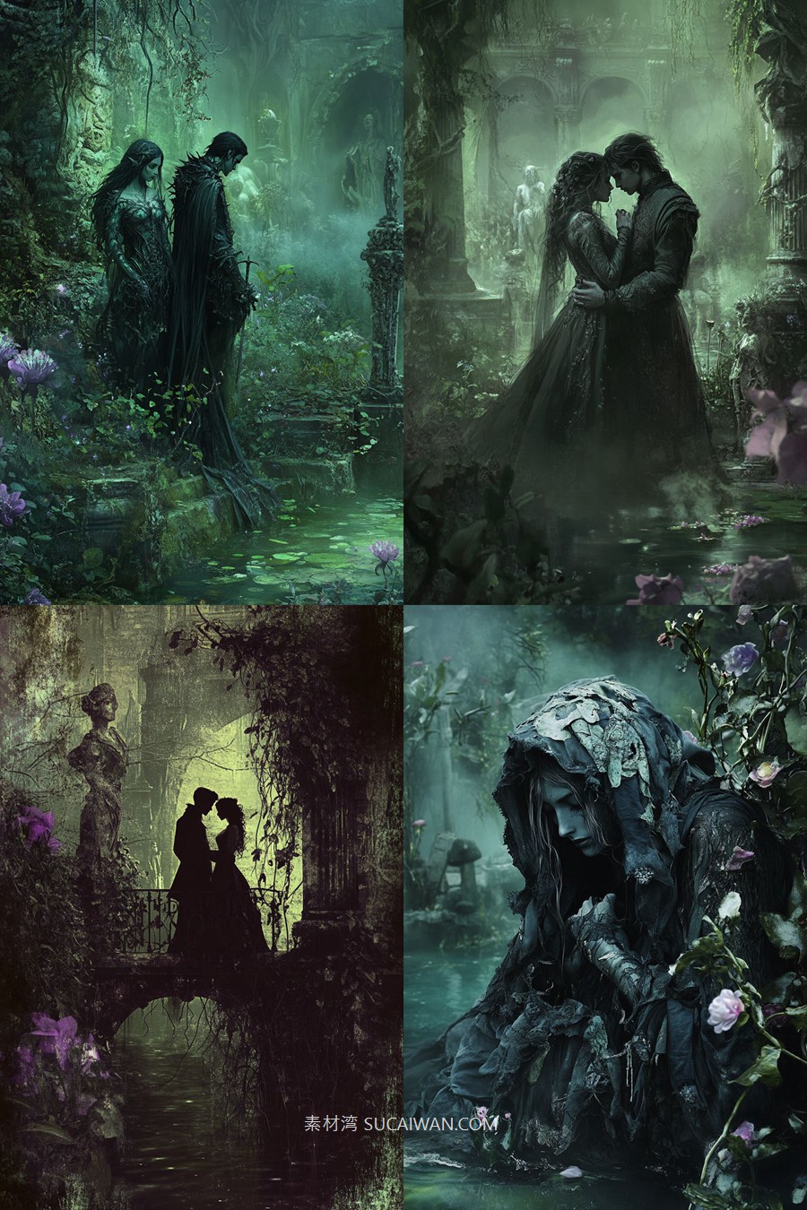 504组ai智能mj生成暗黑哥特式艺术电脑手机壁纸提示词咒语关键词+图片套装 504 Ai Art Prompts For Dark Gothic Art , sucaiwan.com