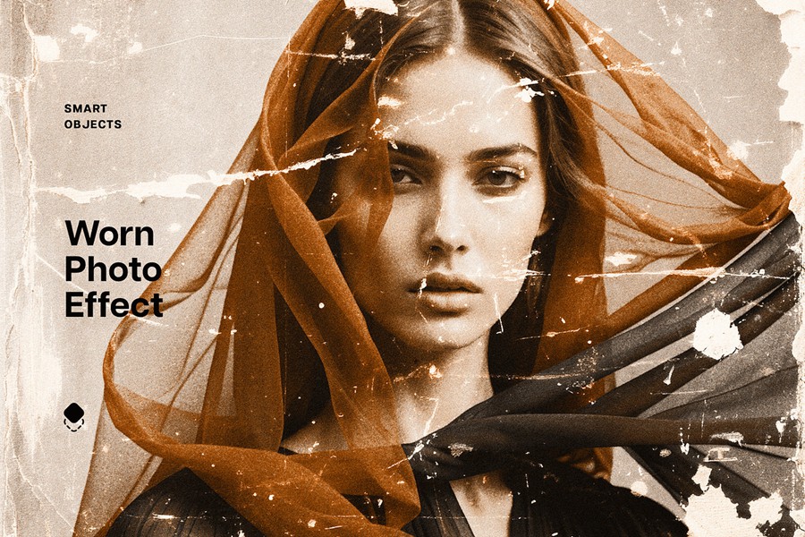 复古褶皱磨损划痕照片效果ps特效滤镜样机 Vintage Worn Photo Effect , sucaiwan.com