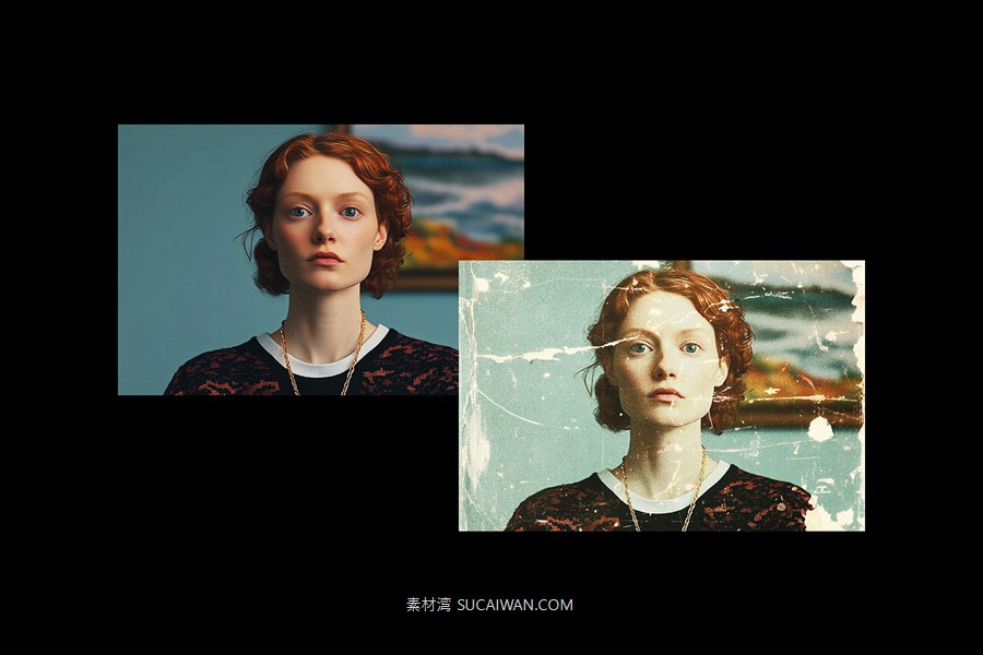 复古褶皱磨损划痕照片效果ps特效滤镜样机 Vintage Worn Photo Effect , sucaiwan.com
