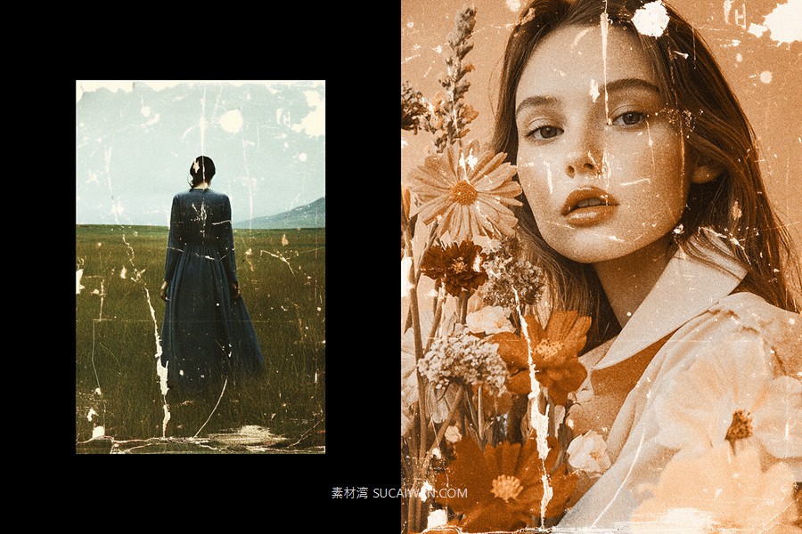 复古褶皱磨损划痕照片效果ps特效滤镜样机 Vintage Worn Photo Effect , sucaiwan.com
