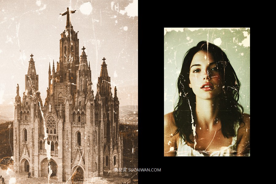 复古褶皱磨损划痕照片效果ps特效滤镜样机 Vintage Worn Photo Effect , sucaiwan.com