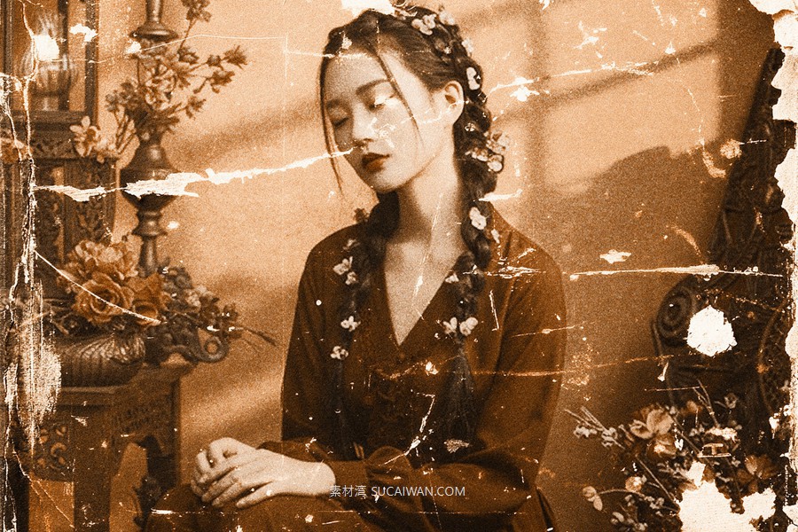 复古褶皱磨损划痕照片效果ps特效滤镜样机 Vintage Worn Photo Effect , sucaiwan.com